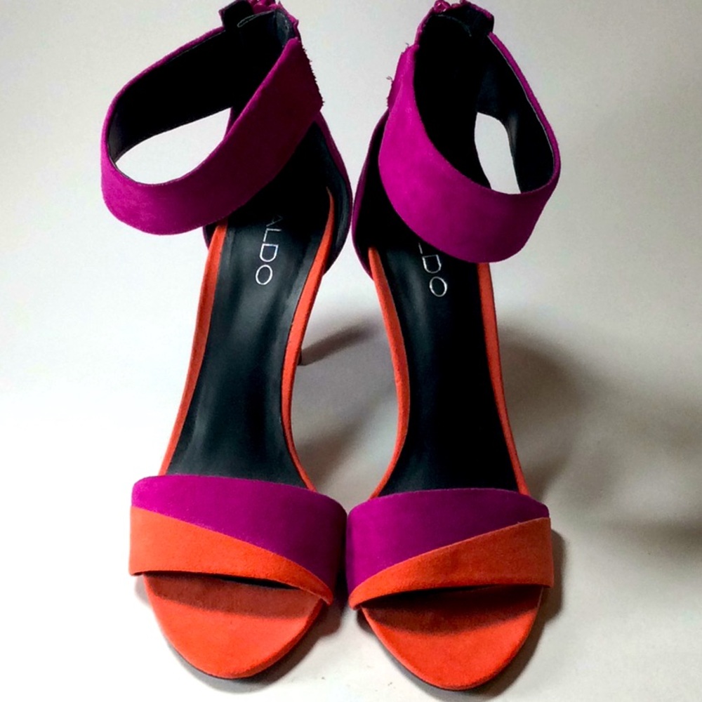 Aldo Two-Tone Fuchsia and Orange Suede Ankle-Strap Heels